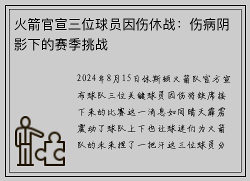 火箭官宣三位球员因伤休战：伤病阴影下的赛季挑战
